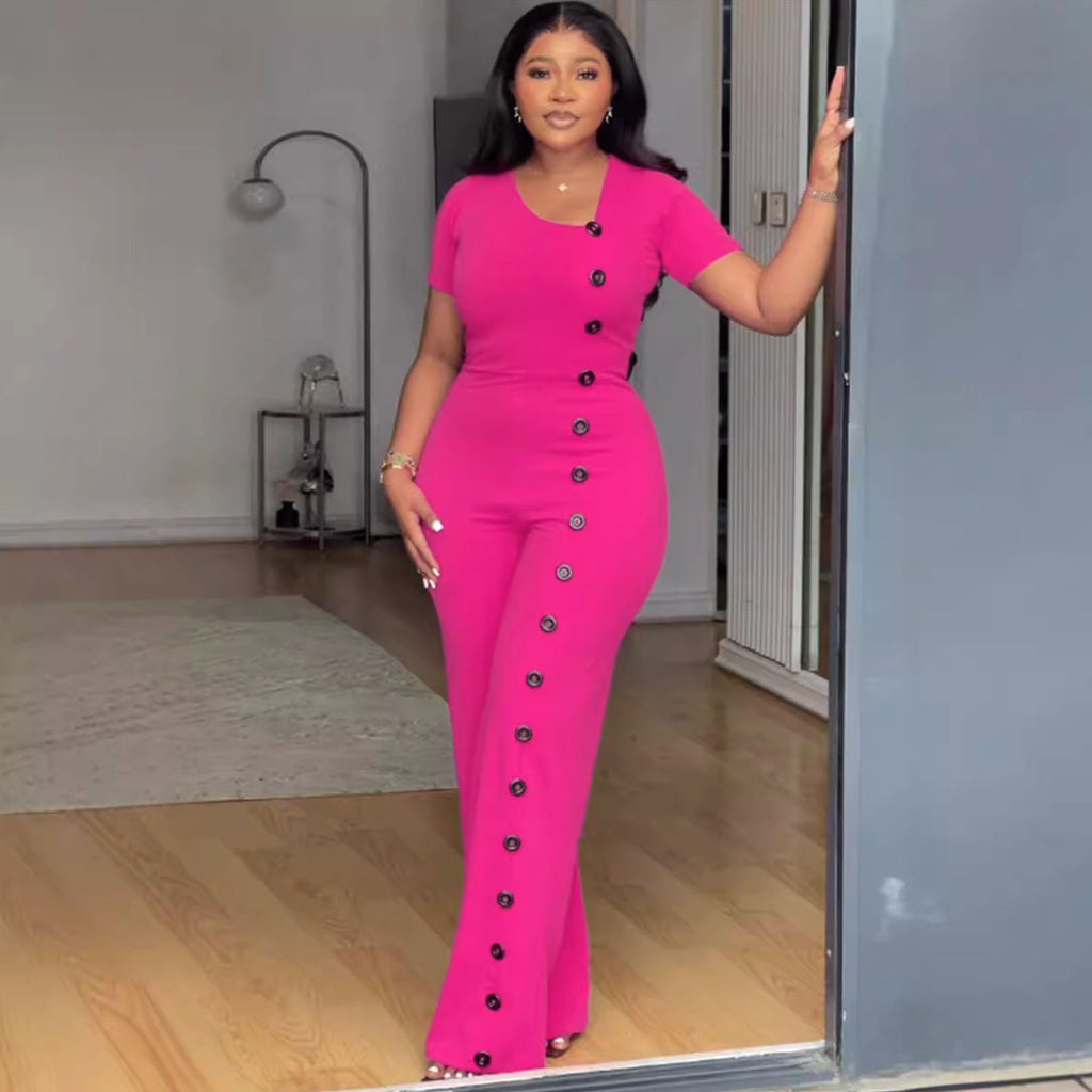 Irregular Asymmetric Neckline Tight Waist Wide Leg Breasted Jumpsuit