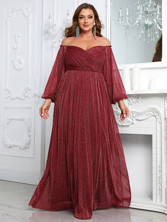 plus Size off Shoulder Long Sleeve Dress Solid Color Simple Dress Cocktail Evening Gown for Women