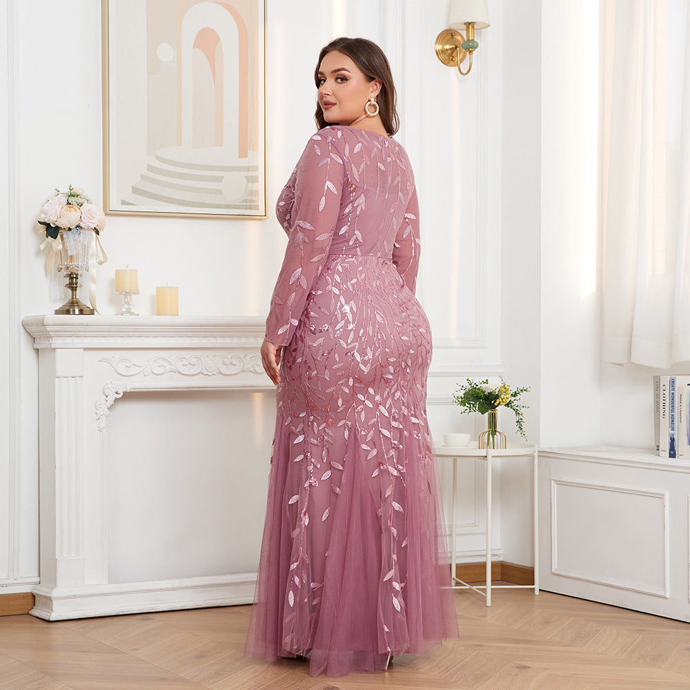 Plus Size Long Sleeve round Neck Full Lining Back Zipper Fishtail Dress Embroidered Evening Dress