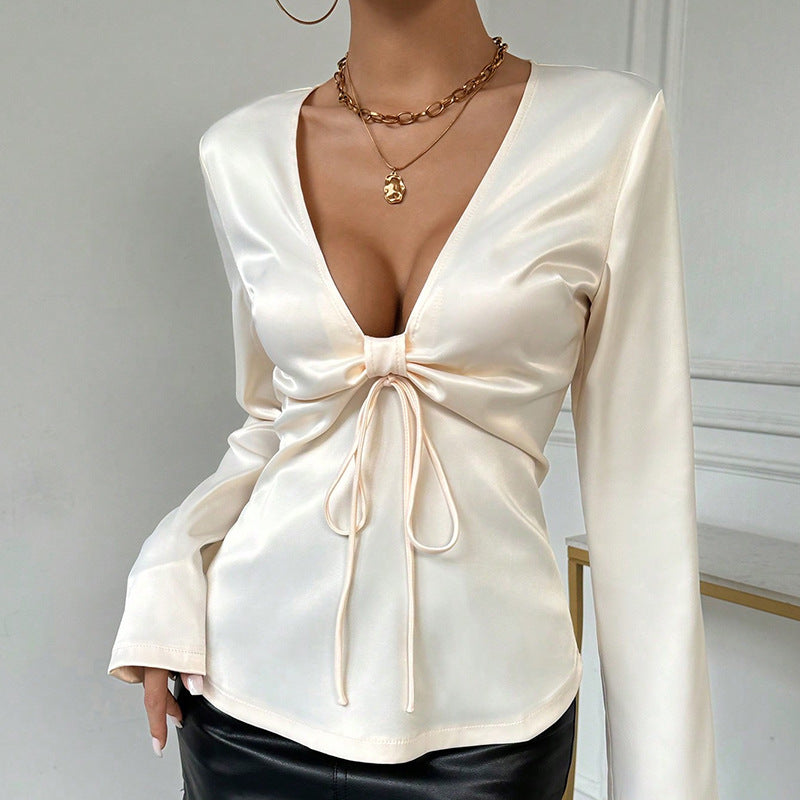 Sexy Top V neck Bow Tie Long Sleeve Women’s Shirt