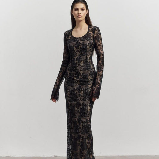 Sexy Lace Long Sleeve Waist Tight Display Elegant Slim Fit Sheath Back Slit Dress Women