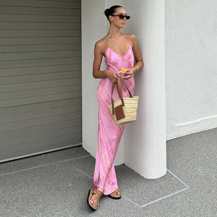 Slema Pink Gold Print Slip Dress V neck and Side Slit