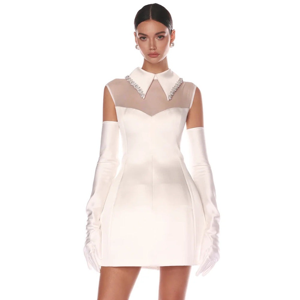 Bridal Lu Elegant Pure White Satin Mesh Mini Dress With White Gloves