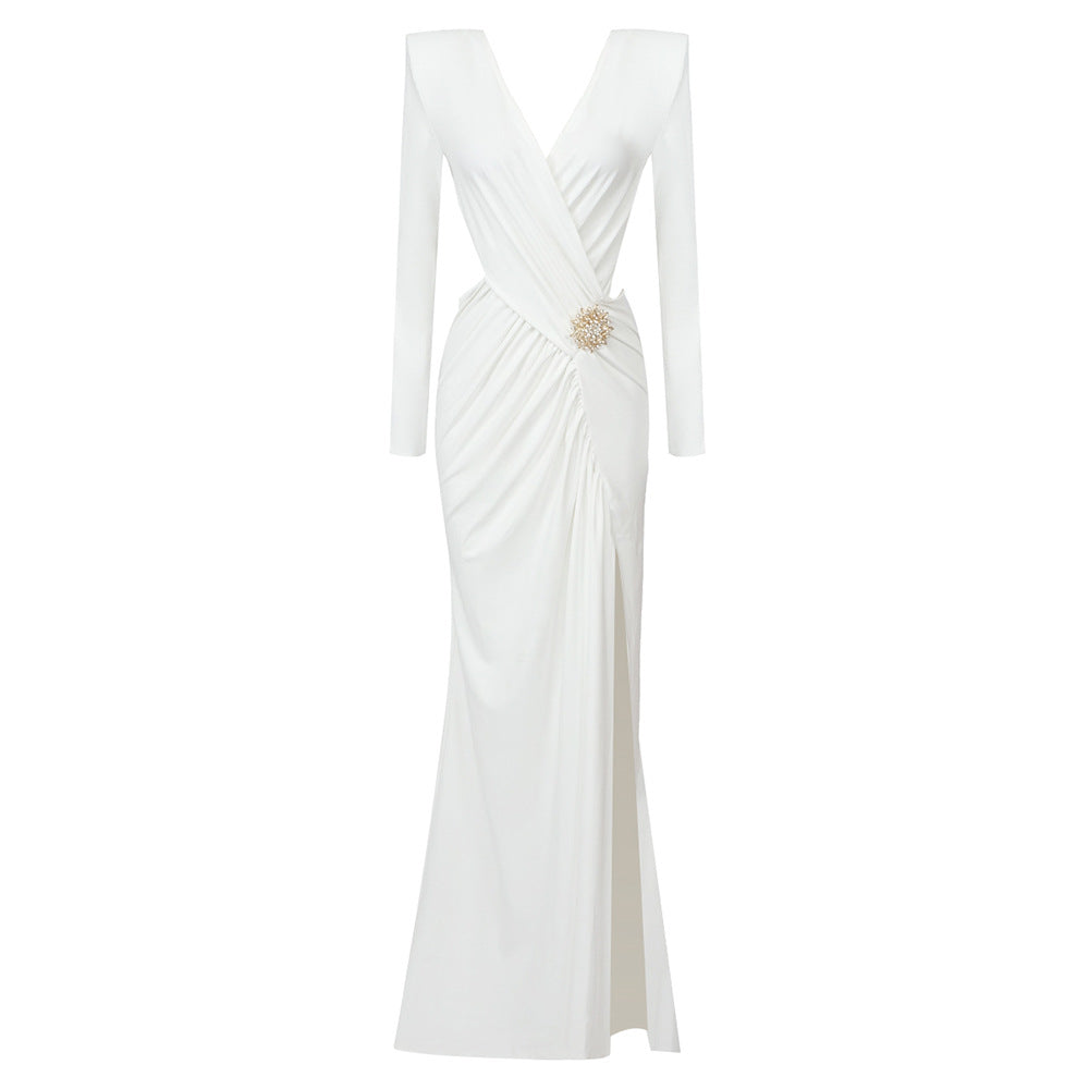 Maxy Bridal White Long Sleeve Pleating Hollow Out Cutout Cross Dress V Neck