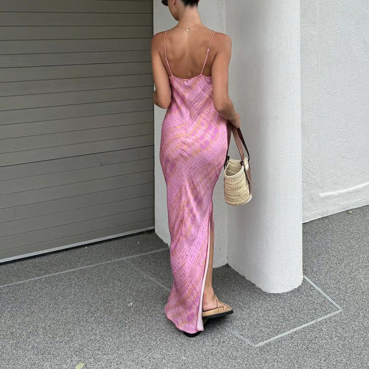 Slema Pink Gold Print Slip Dress V neck and Side Slit