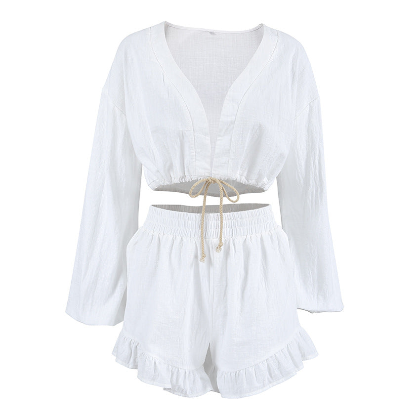 White Cotton Linen V neck Puff Sleeve Short Cropped Top Pants Set Autumn Two Piece Sets