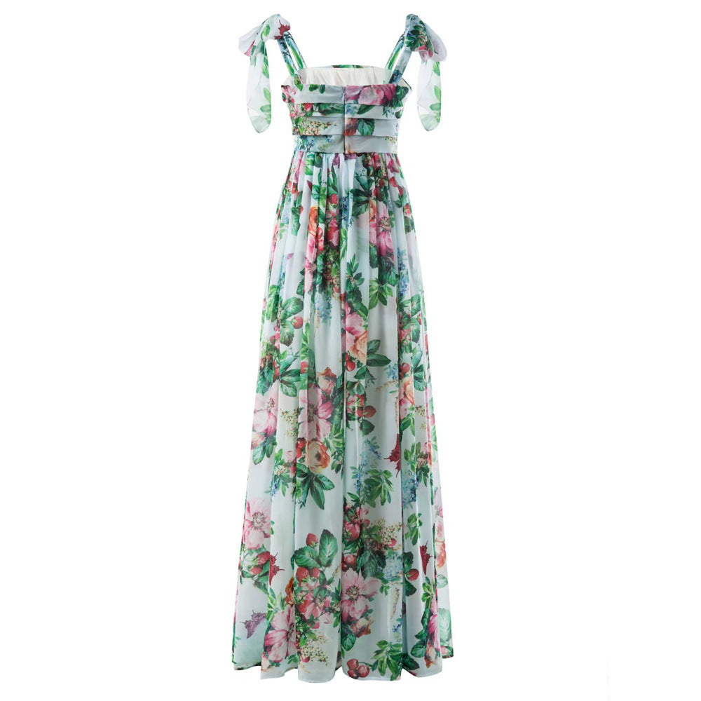 Rose Print Pleated Wrapped Chest Wide Hem Flowy Strap Dress