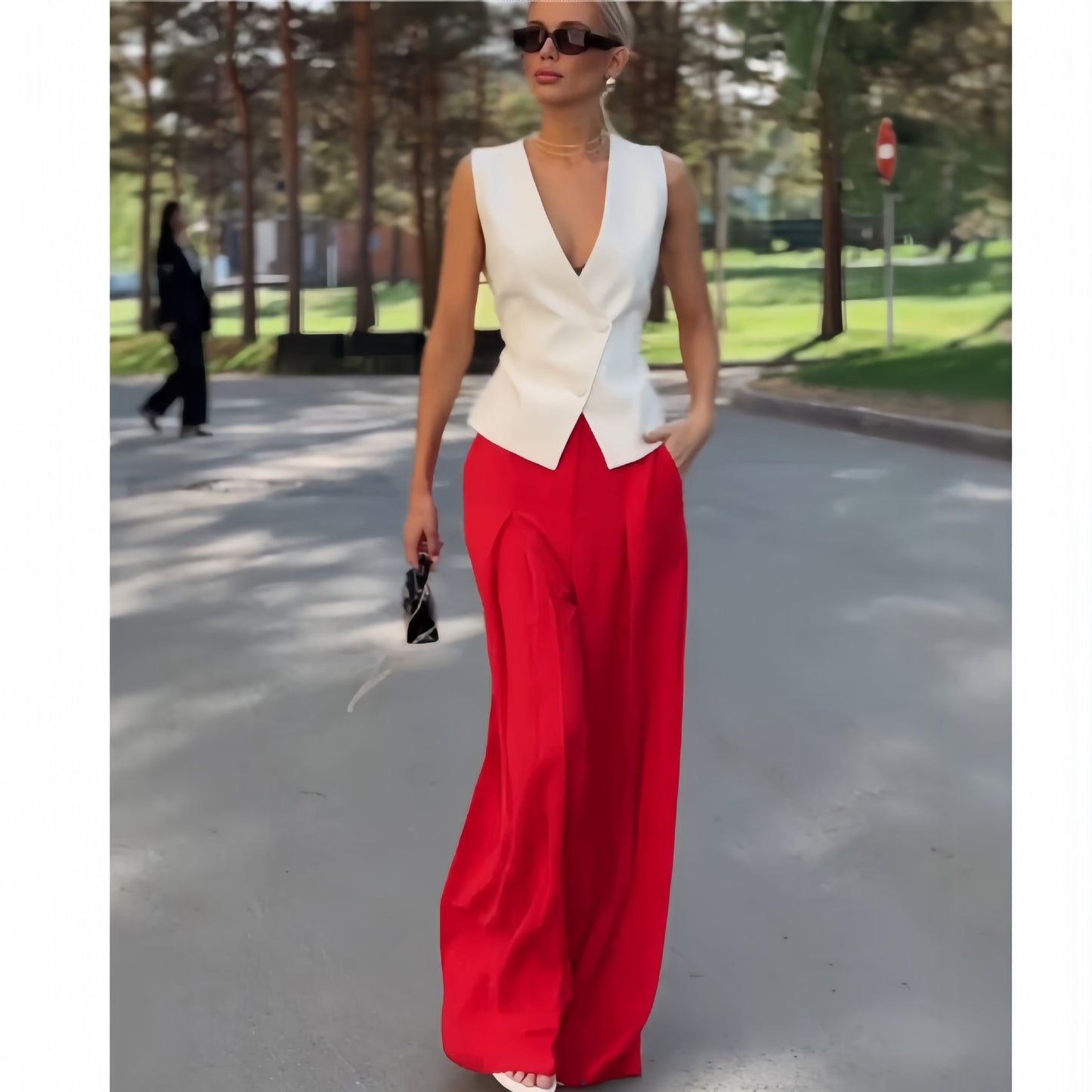 Women Clothing Personality Deep V Plunge Neck Sleeveless Top Casual High Waist Wide Leg Pants Two Piece Set