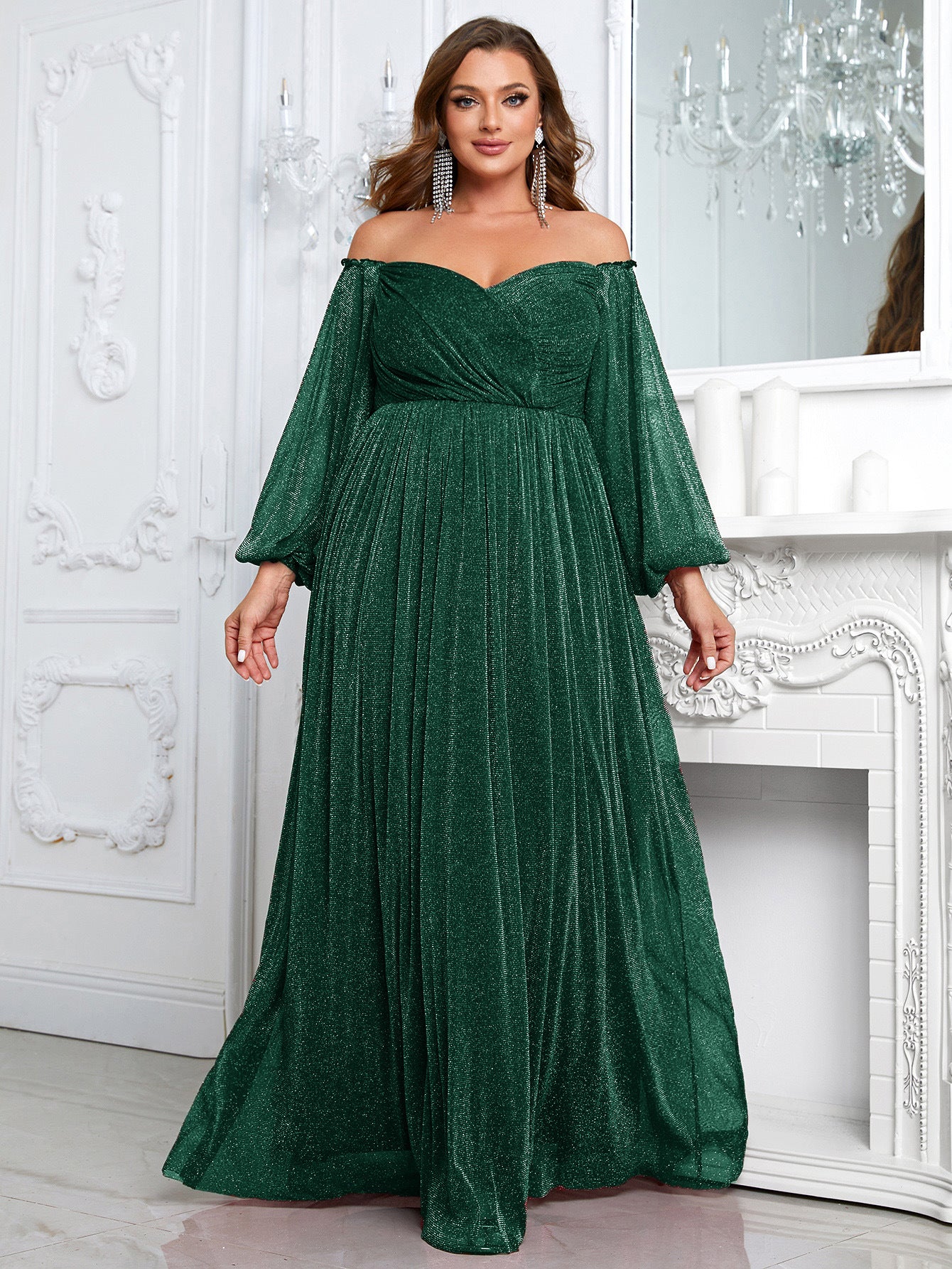 plus Size off Shoulder Long Sleeve Dress Solid Color Simple Dress Cocktail Evening Gown for Women