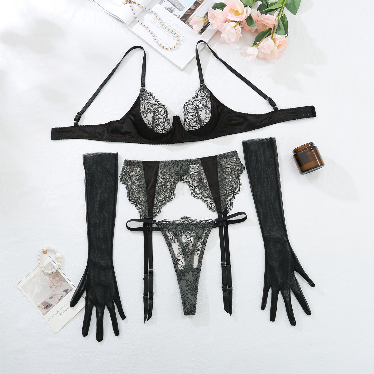 Popular Sexy Embroidery Lace Sexy Backless Bra Suit Four Piece Set