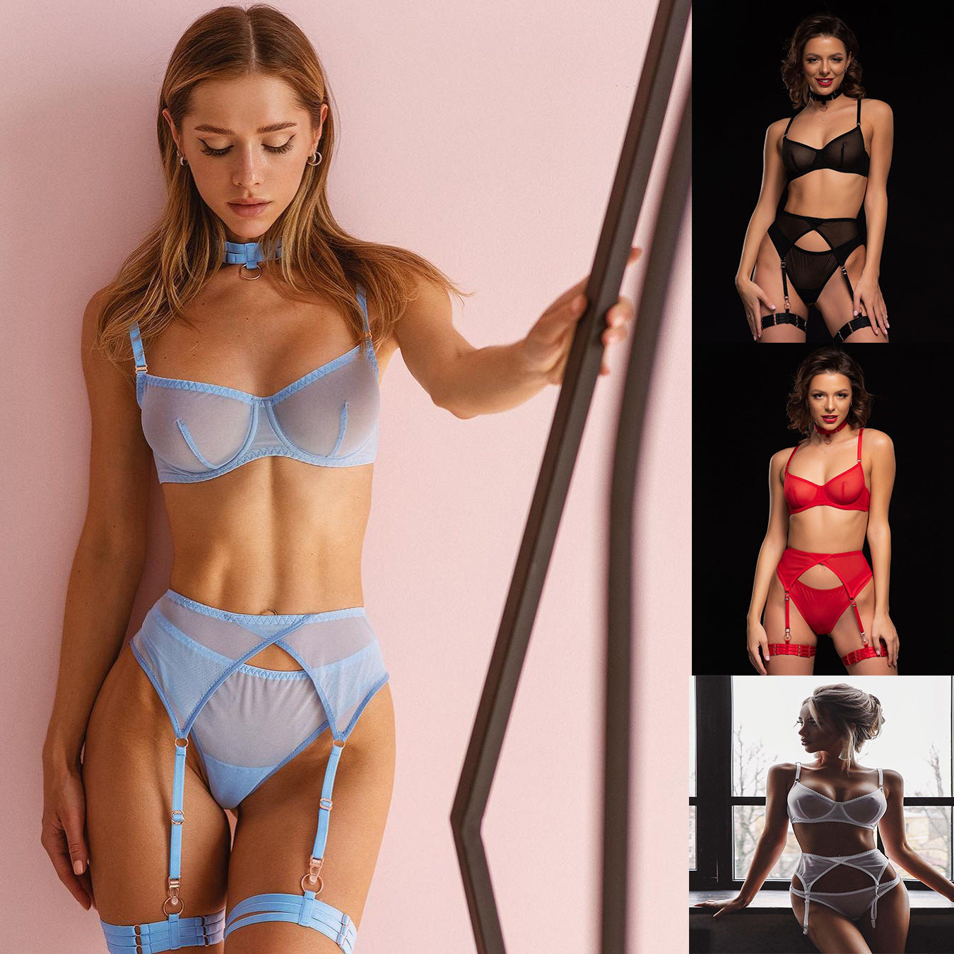 Summer New Women Fashion Sexy Underwear Mesh Comfortable Slimming Push up Four Piece Set with Steel Ring