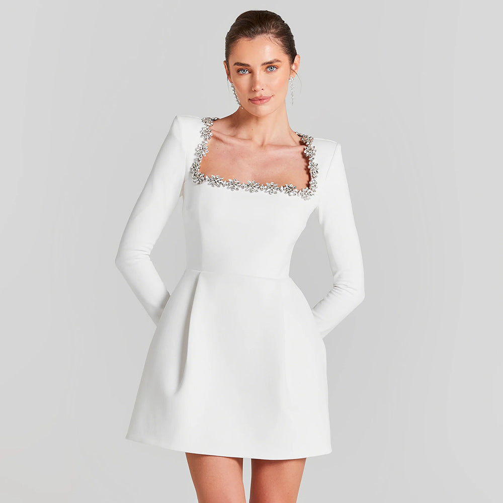 Merci Bridal Beaded Neckline Detail Long Sleeve Stretch Mini Dress