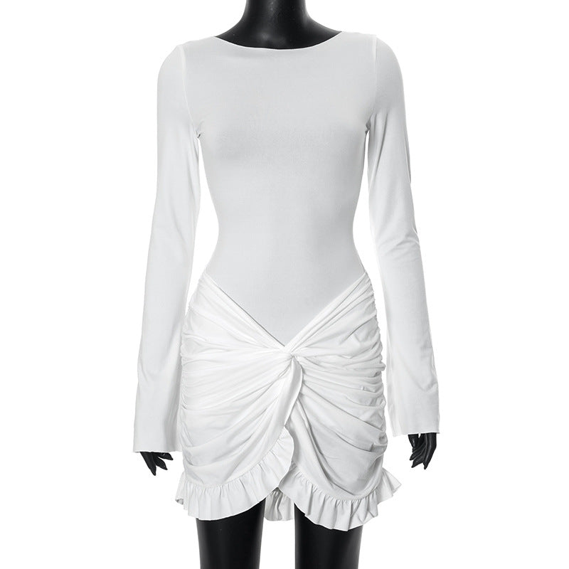 Whitney Round Neck Long Sleeve Slim Fit Sheath Pleated Twisted White Mini Dress