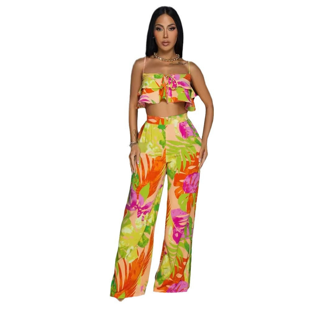 Printed Wooden Ear Sling Wide Leg Two Piece Set