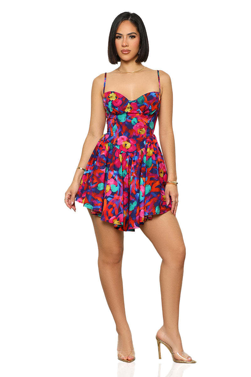 Sway Me Printed Suspenders Waist Tight Dress