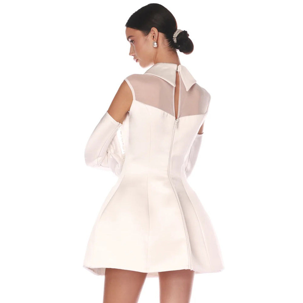 Bridal Lu Elegant Pure White Satin Mesh Mini Dress With White Gloves