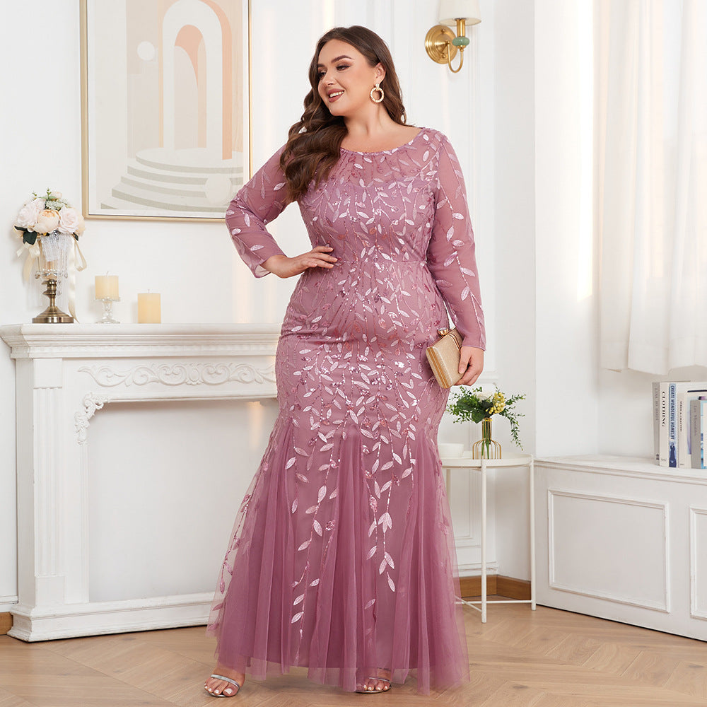 Plus Size Long Sleeve round Neck Full Lining Back Zipper Fishtail Dress Embroidered Evening Dress