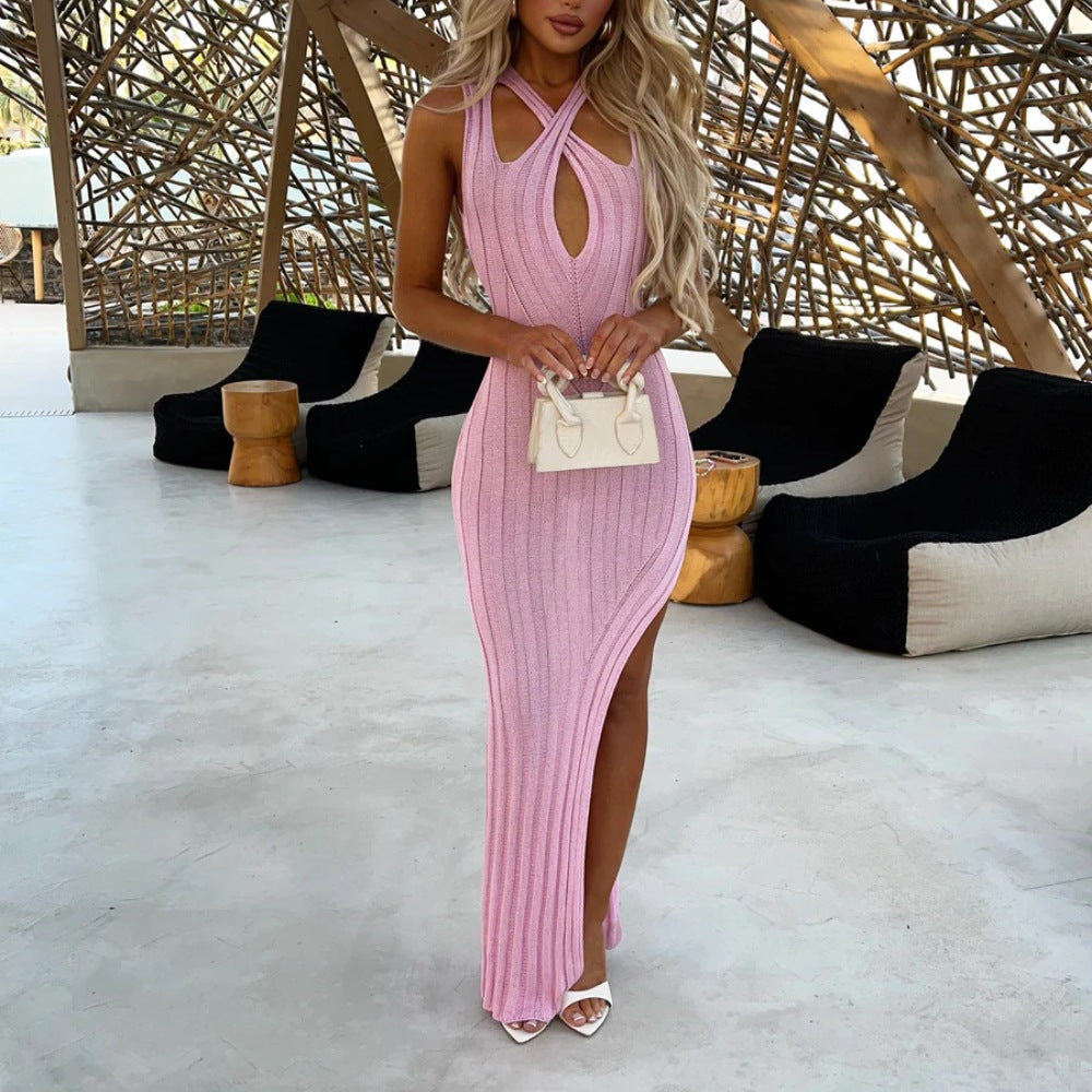 Summer Popular Sexy Tight-Fitting Solid Color Knitted Sunken Stripe Side Split Dress Women Clothing