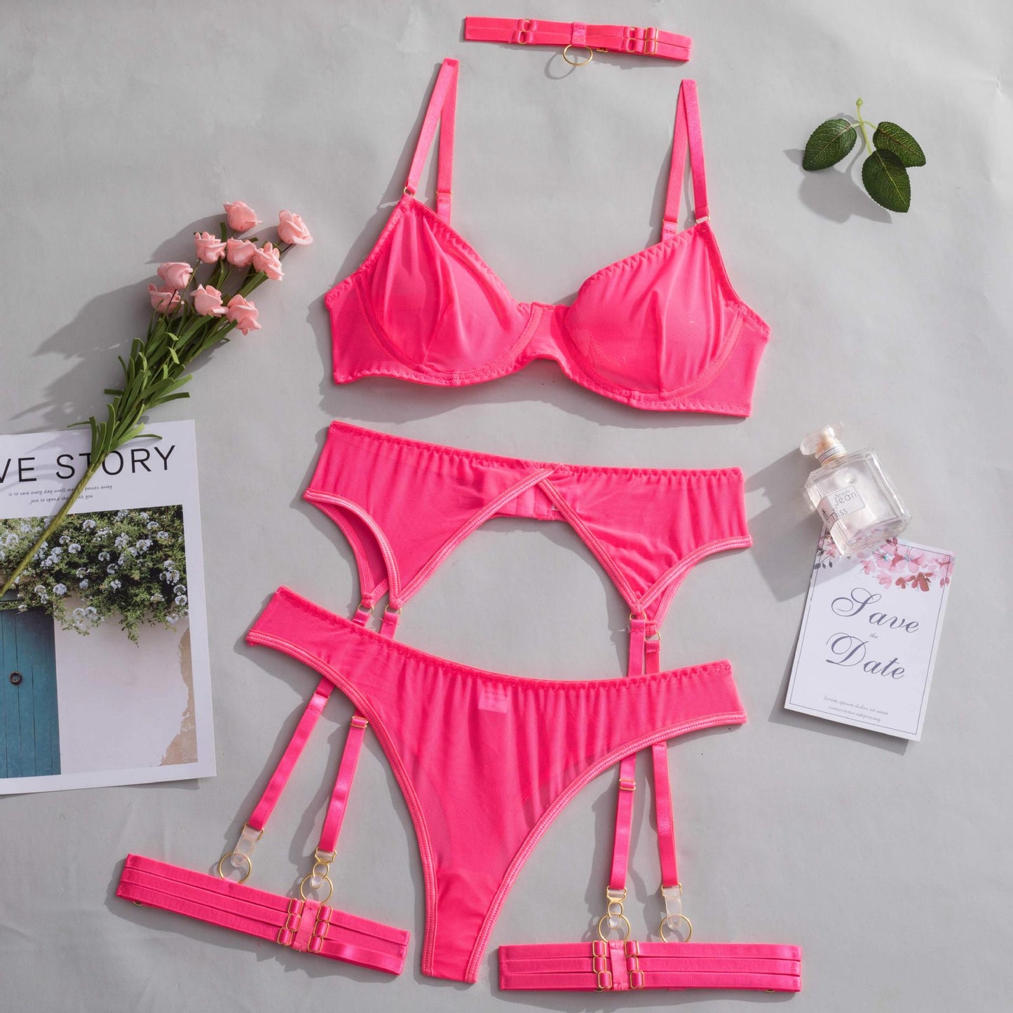 Summer New Women Fashion Sexy Underwear Mesh Comfortable Slimming Push up Four Piece Set with Steel Ring