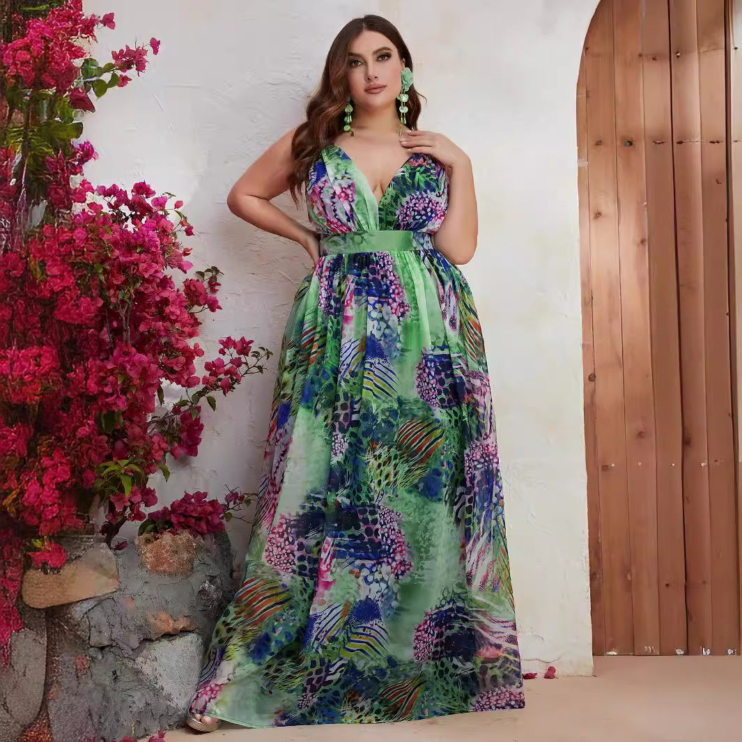 Plus Size Chiffon Spaghetti Straps Sleeveless Maxi Dress Summer Printed V neck Vacation Dress