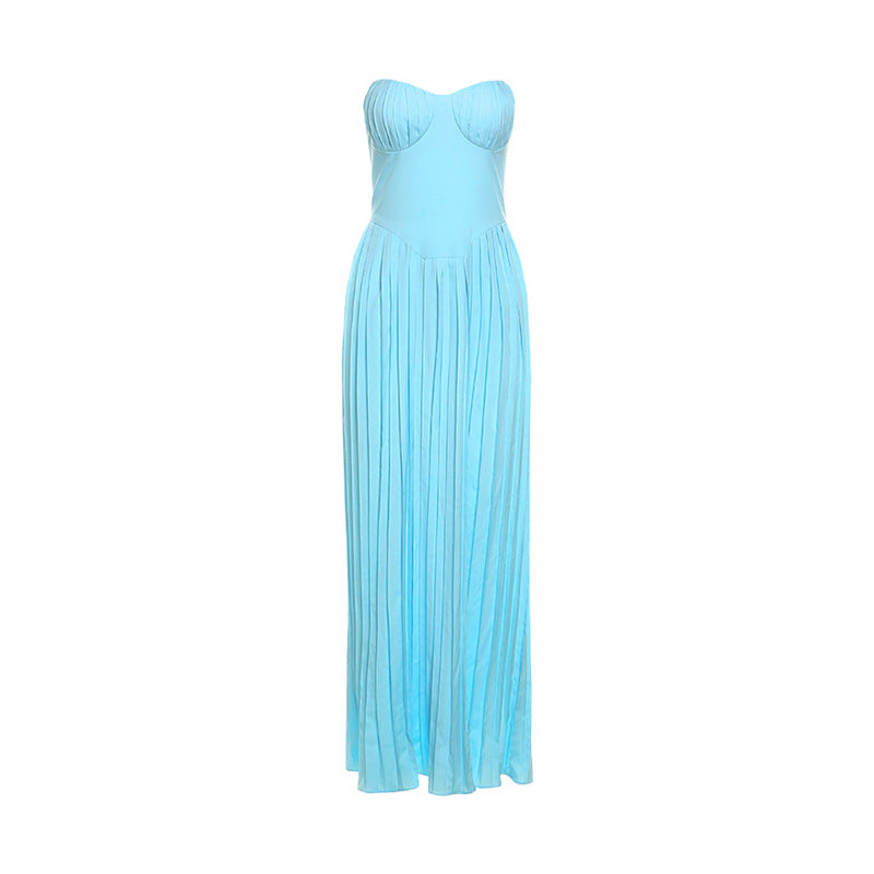 Summer Women Elegant V Neck Pleated Dress Tube Top Maxi Dress Slim Fit Backless Dress Women