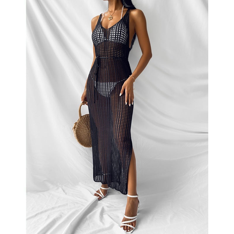 Vacation Beach Blouse Hollow Out Cutout Backless Knitted Dress Women Split