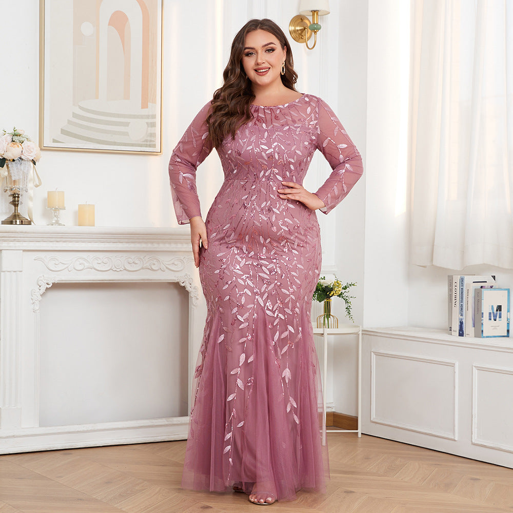 Plus Size Long Sleeve round Neck Full Lining Back Zipper Fishtail Dress Embroidered Evening Dress