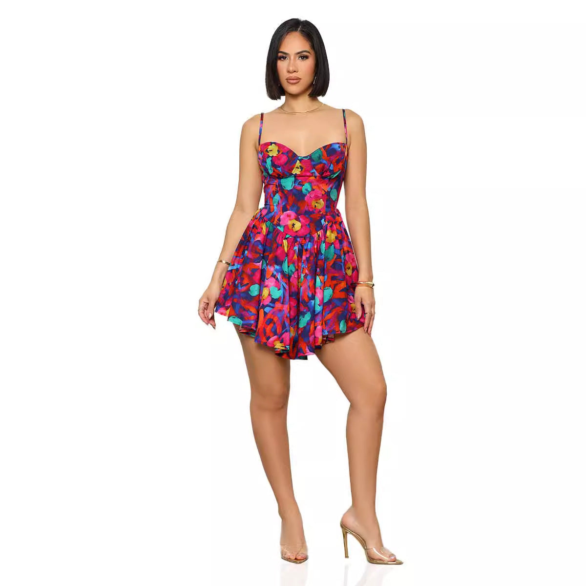 Sway Me Printed Suspenders Waist Tight Dress