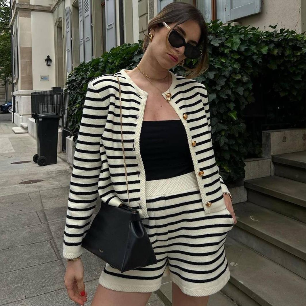 Women Clothing Striped Round Neck Knitted Cardigan Casual Sweater