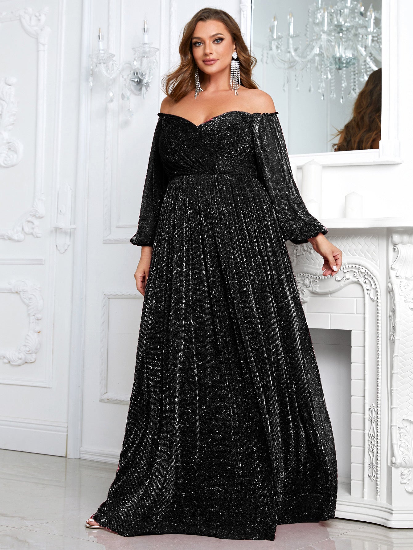 plus Size off Shoulder Long Sleeve Dress Solid Color Simple Dress Cocktail Evening Gown for Women