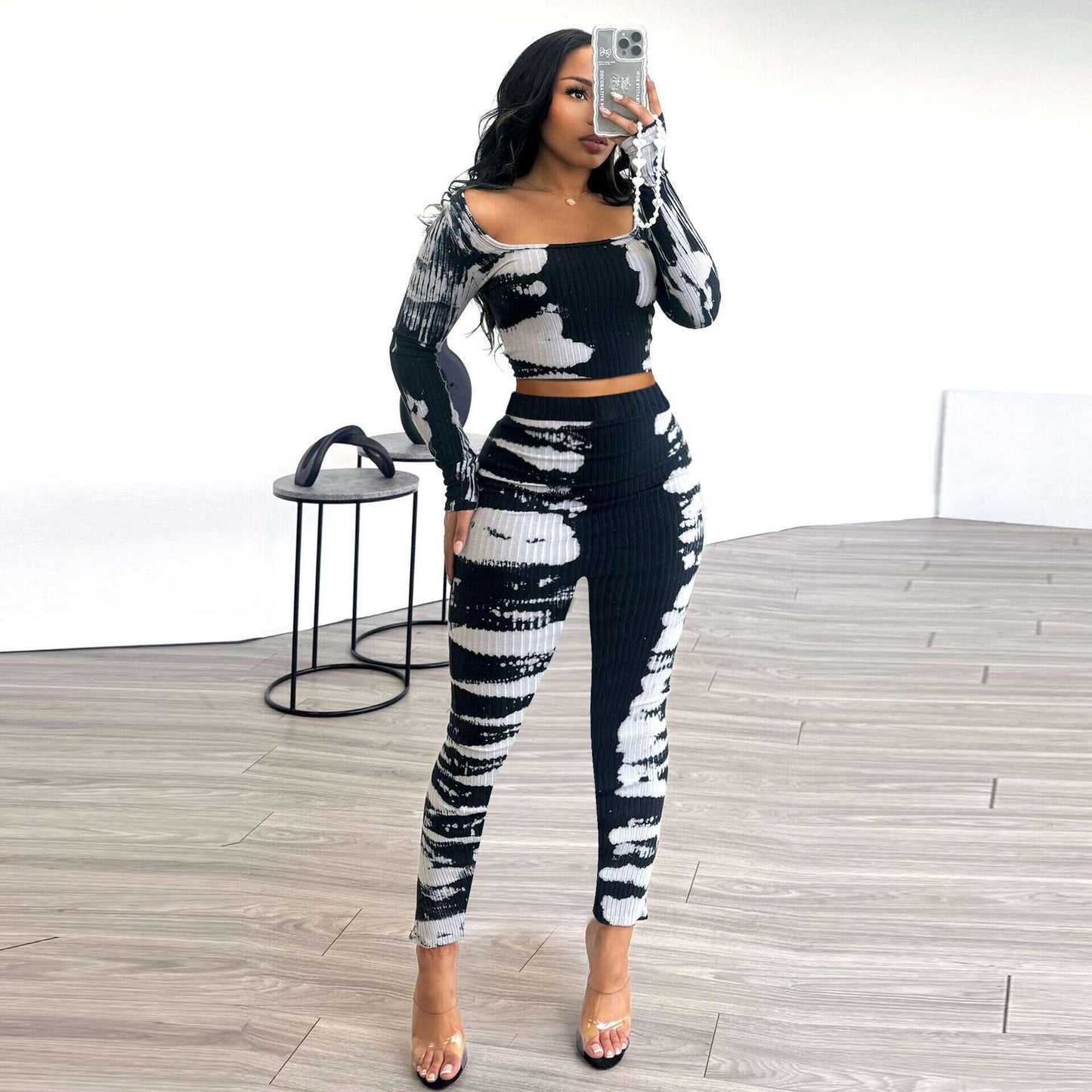 Women Sexy Printed Slim Stretch Sunken Stripe Two Piece Set