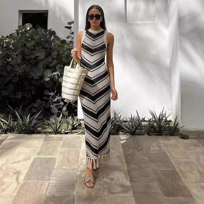 Sexy Tight Striped Tassel Knitted Dress Women Sleeveless Summer Midi Dress