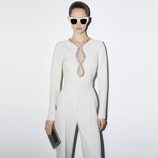 Goods Star High Street Heart Shaped Hollow Out Cutout Jeweled Bead Long Sleeve Micro Pull Jumpsuit