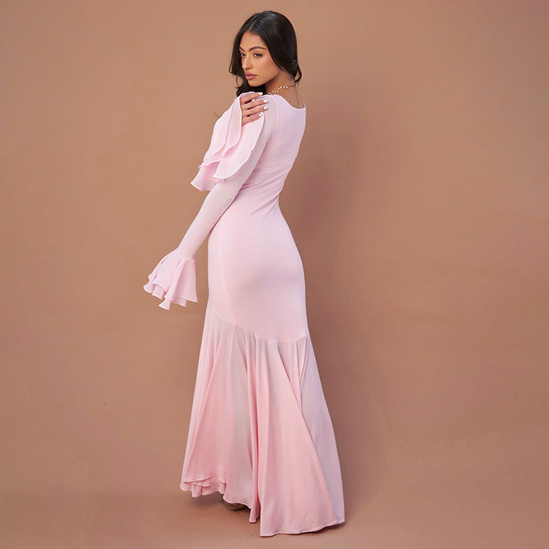 Women Clothing Solid Color Square Collar Lace Long Sleeved Pleated Wide Swing Elegant Dress