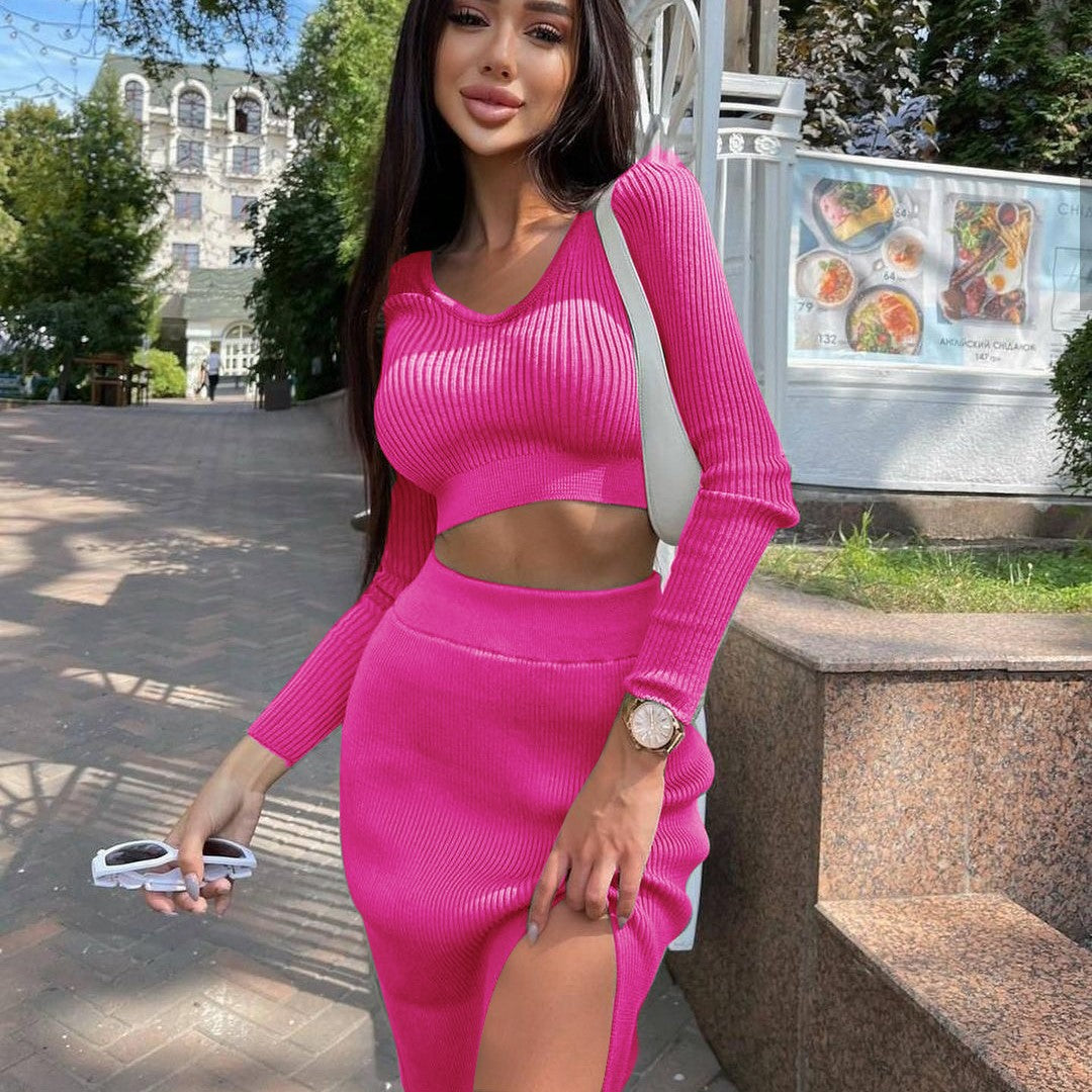 Mita Long Sleeve Sexy Crop Top Slit Long Skirt Sweater Two-Piece Set