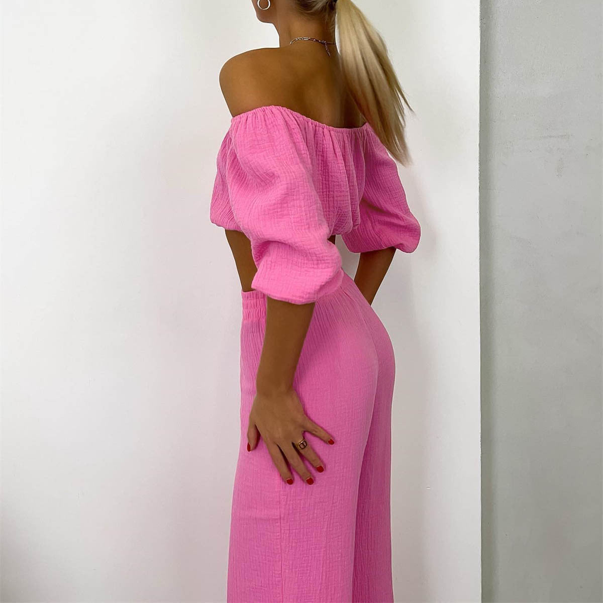 Two Piece Women Summer Pure Cotton Champray Solid Color off Neck Short Sleeved Top High Waist Wide Leg Pants Casual Suit