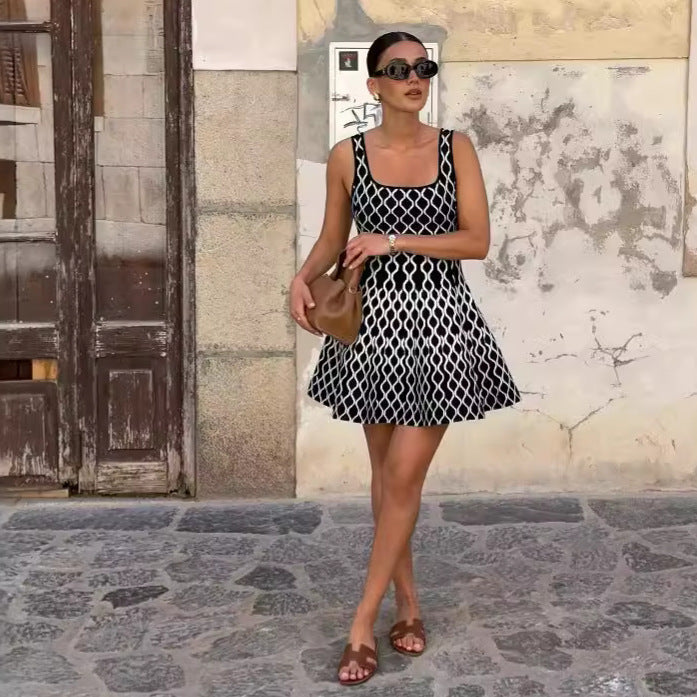 Rene Black And White Pattern Short Dress