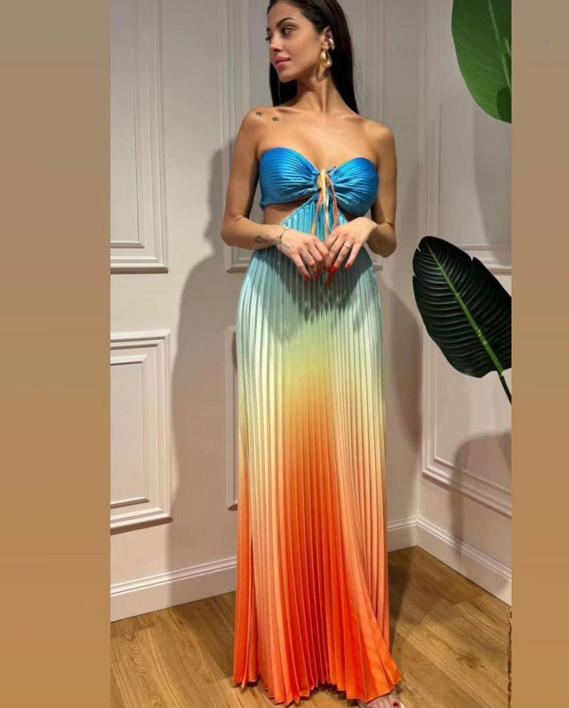 Summer Slushie Gradient Color Halter Pleated Long Dress