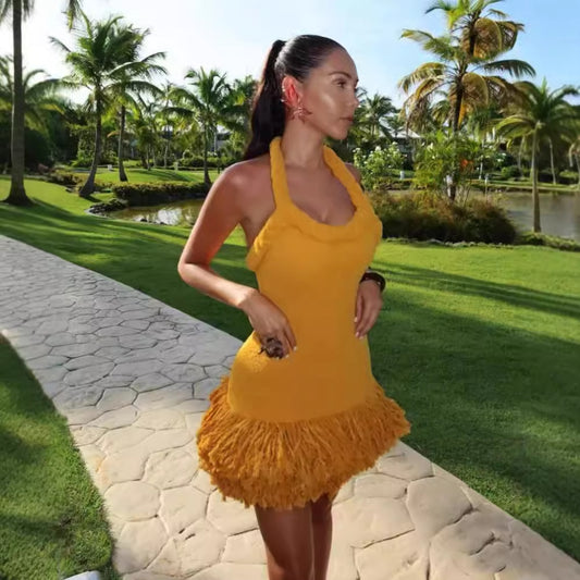 Twisted Sista Hand Woven Twine Rope Shoulder Strap Tassel Short Dress Mustard Yellow Dress