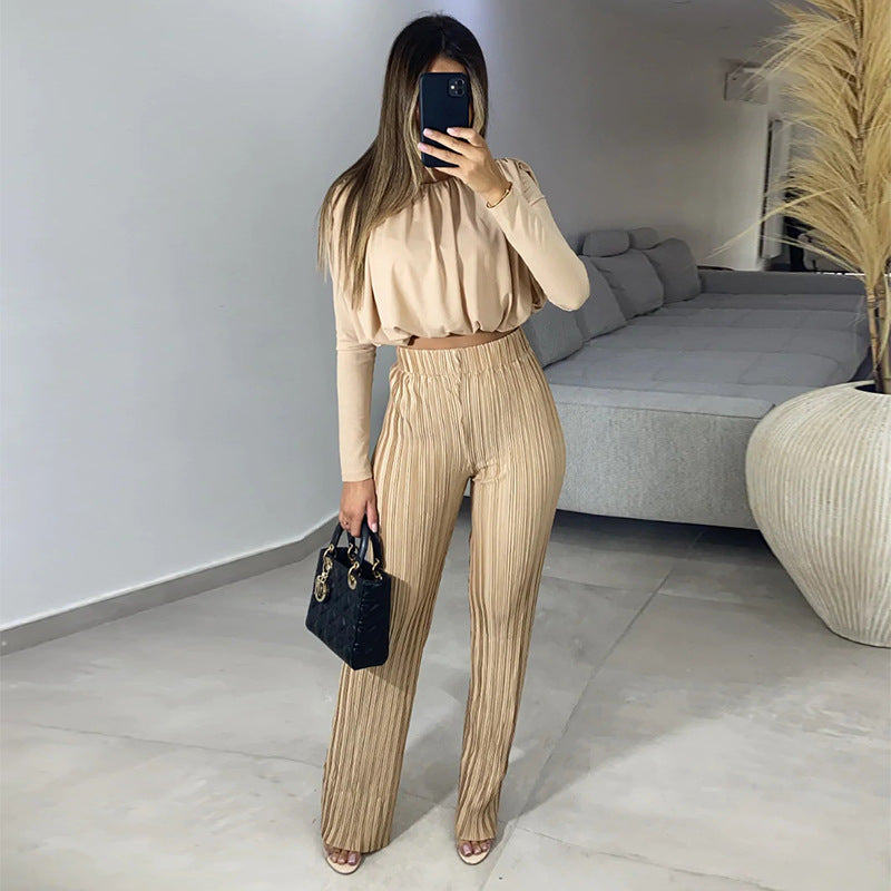 Pettla Long Sleeve Blouse and Pleated High Waist Casual Trousers Set