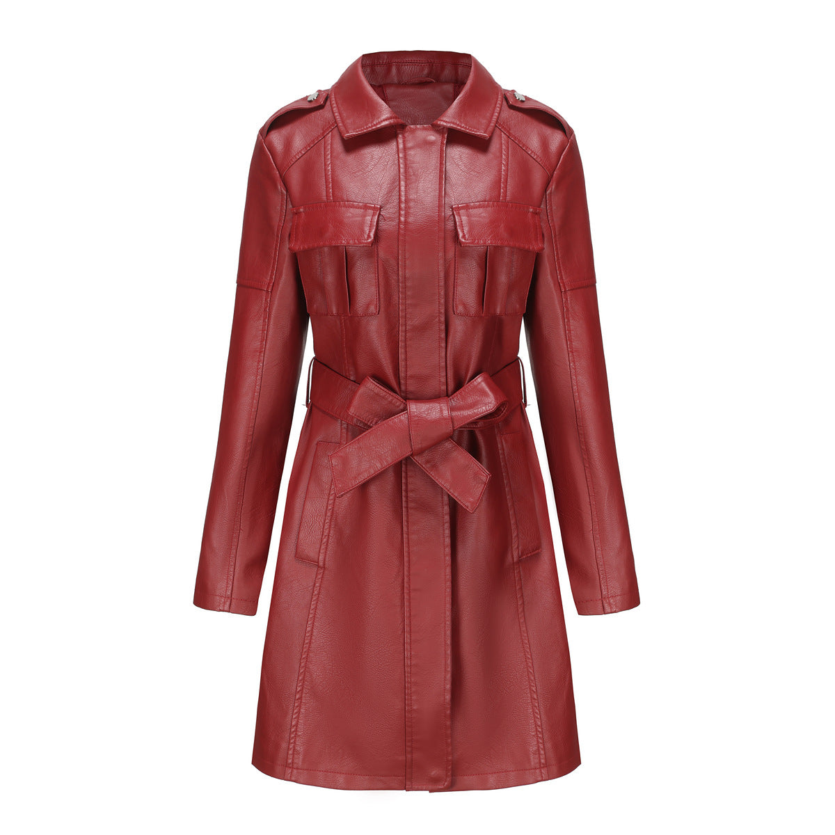 Keller Mid Length Faux Leather Trench Coat With Belt Long Sleeve Wind Coat British Coat