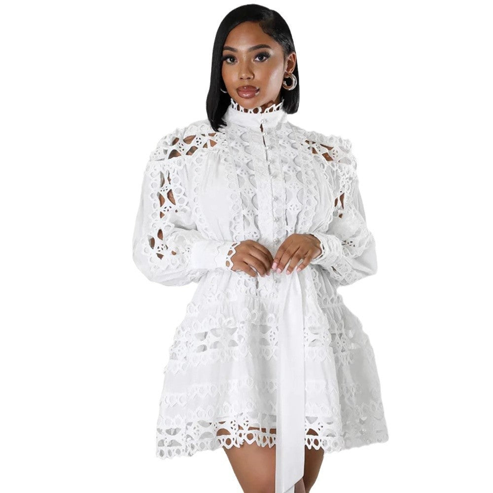 Women Lace Stitching Hollow Out Cutout Long Shirt Dress