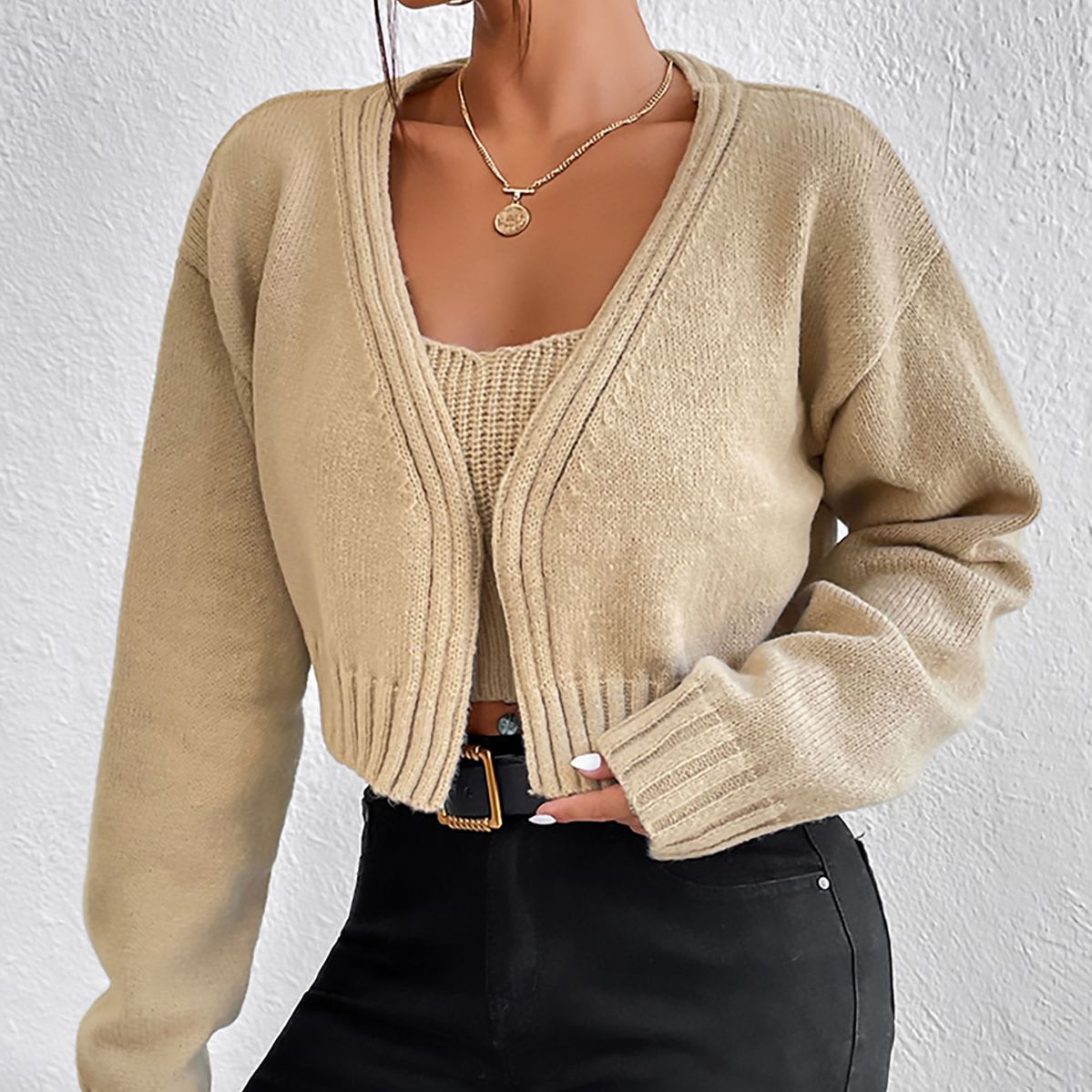 Dori Long Sleeve Short Sweater V neck Cardigan Crop Top Spaghetti Strap Small Sweater Two Piece Set