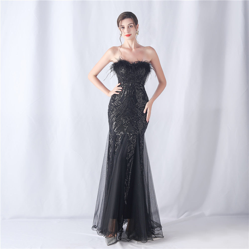 Ostrich Feather Positioning Floral Cutting Wedding Annual Meeting Tube Top Sequin Gauze Evening Dress