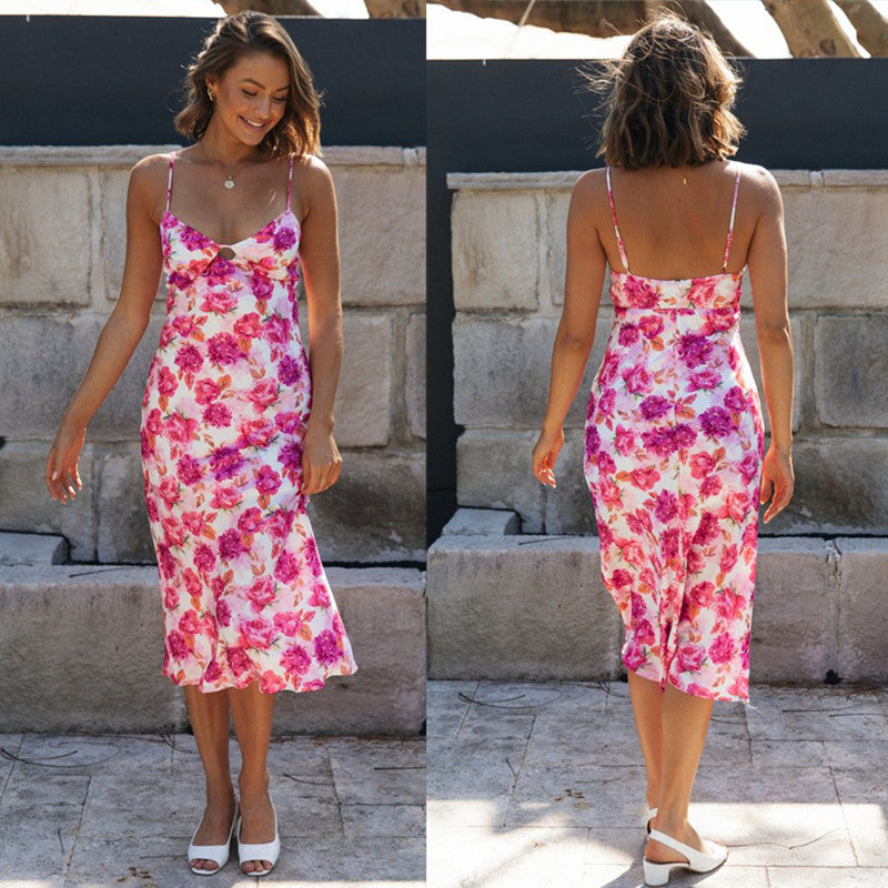 Venmo Me Sexy V-neck Printing Slip Dress Pink Floral