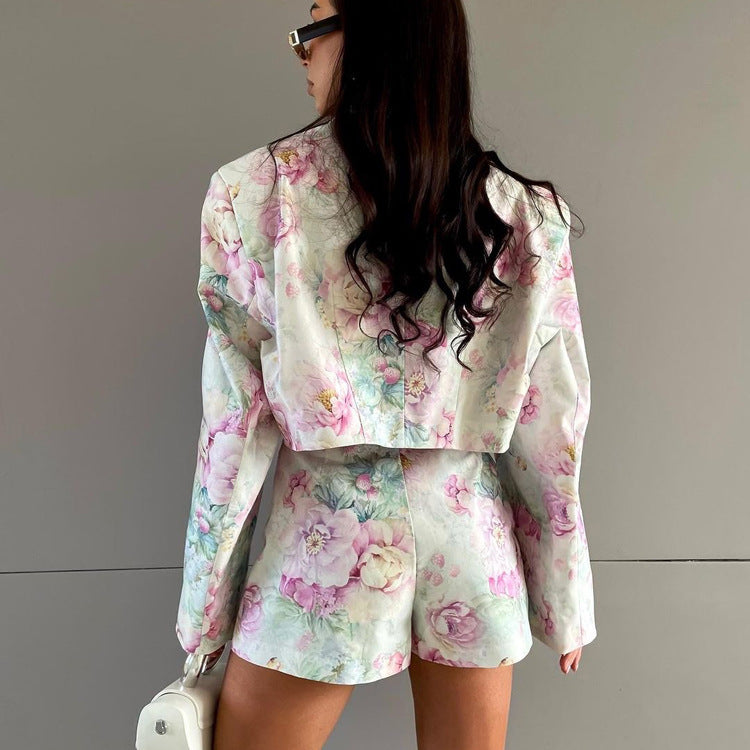 Kila Two Floral Two Piece Set - Loose Suit High Waist Skort Long Sleeve Collared Top