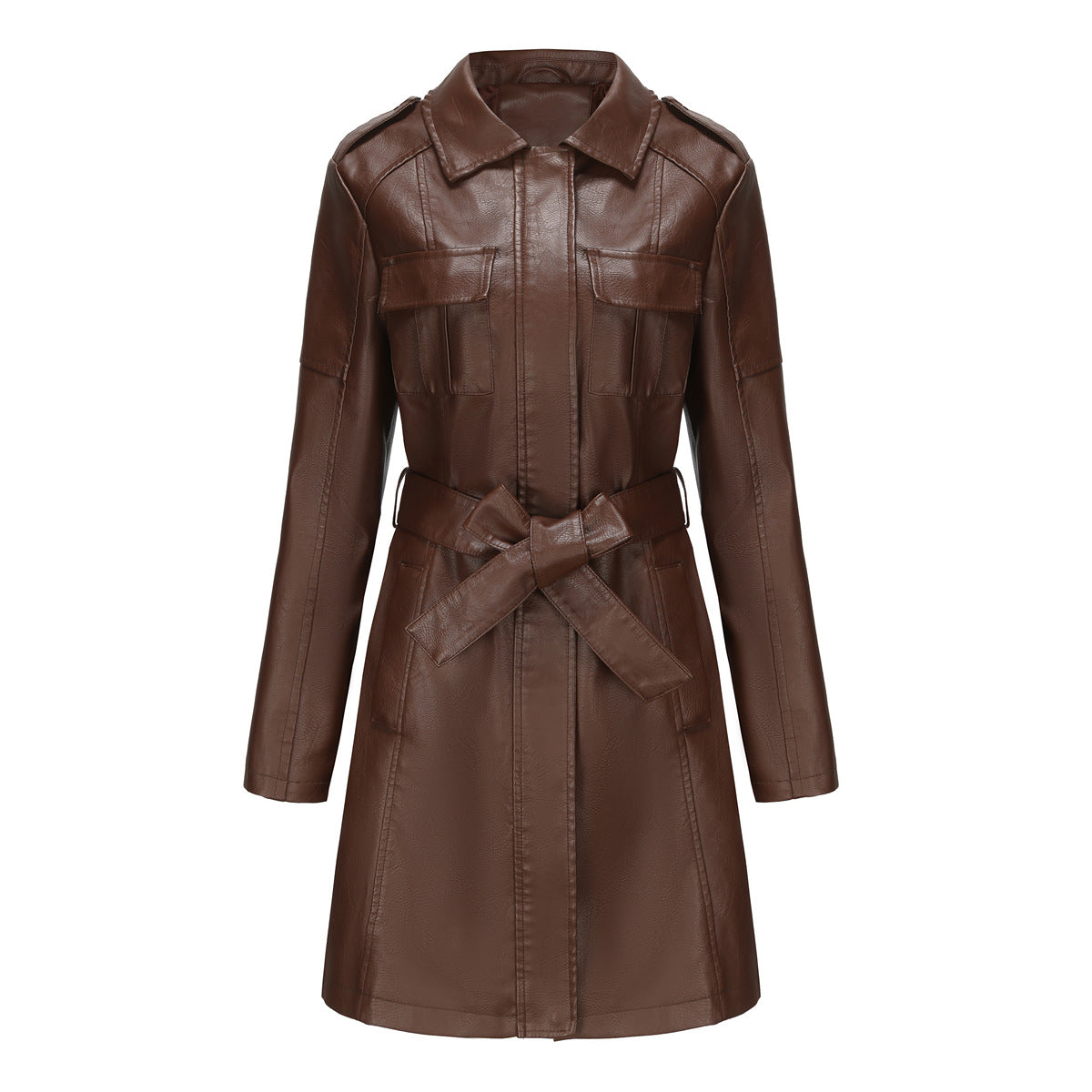 Keller Mid Length Faux Leather Trench Coat With Belt Long Sleeve Wind Coat British Coat