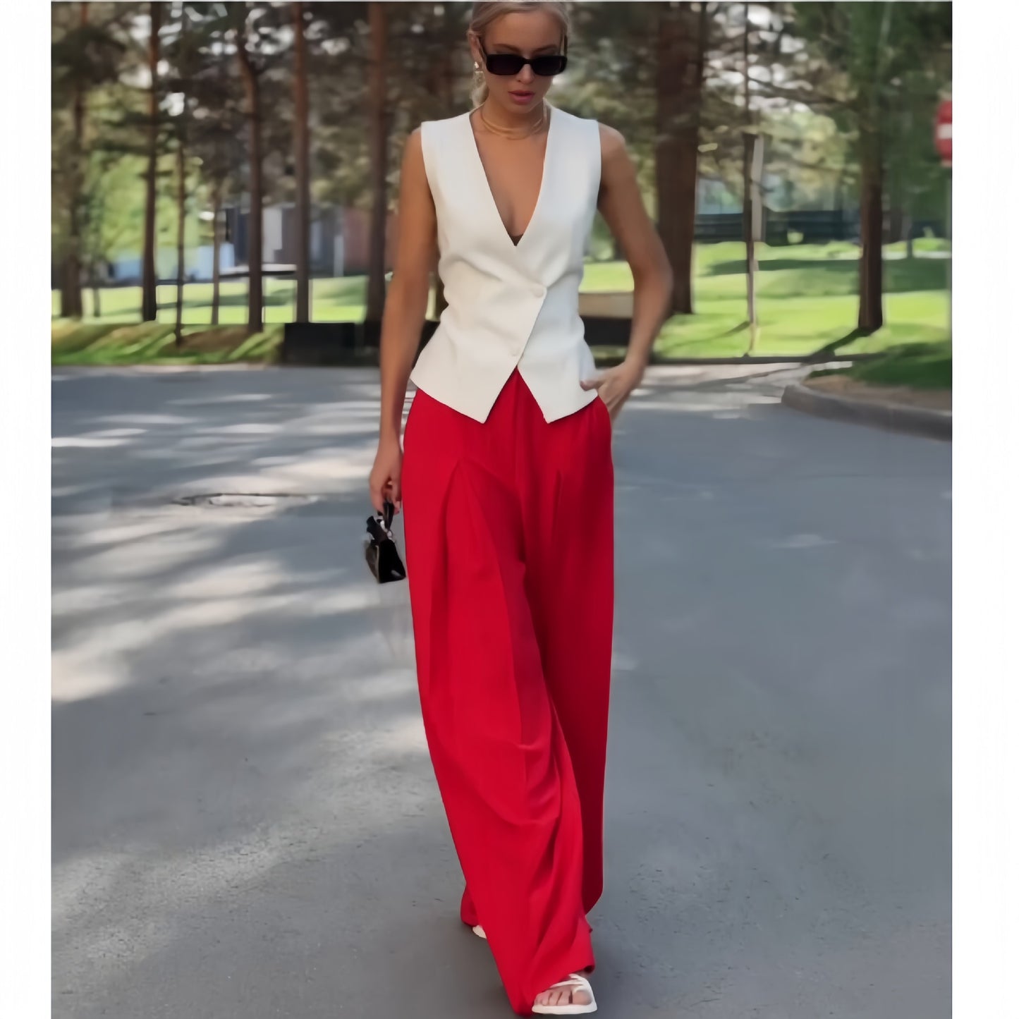 Women Clothing Personality Deep V Plunge Neck Sleeveless Top Casual High Waist Wide Leg Pants Two Piece Set