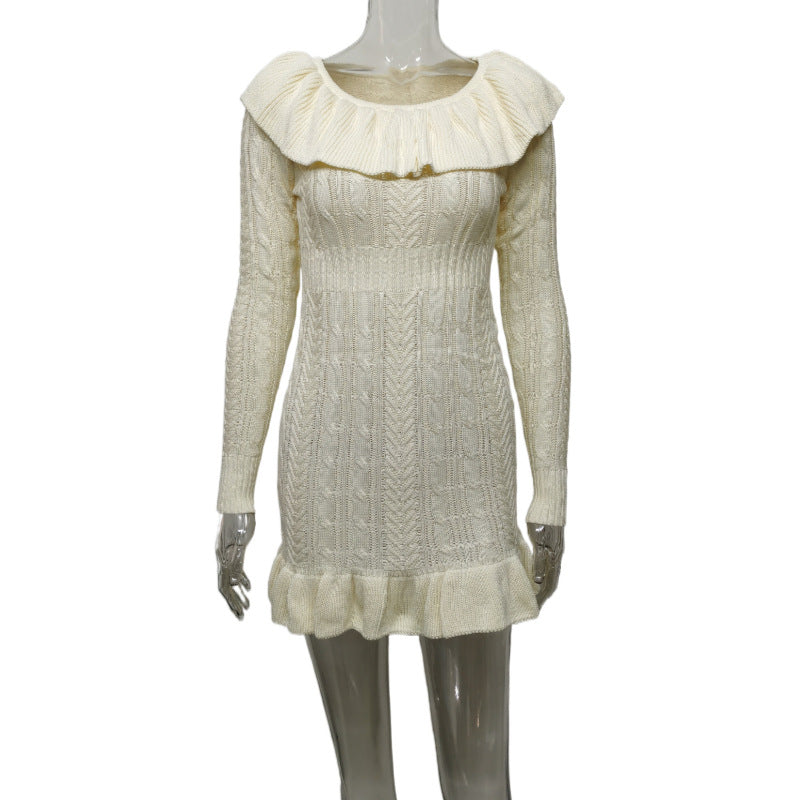 Limalu Lotus Hem Square Collar Long Sleeve Slim Twisted String Knitted Dress White Cream