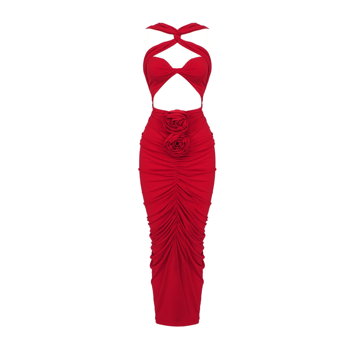 Red Chili Cross Halterneck Cutout Floral Pleated Hip Women Clothing Stitching Dress 3D Decoration